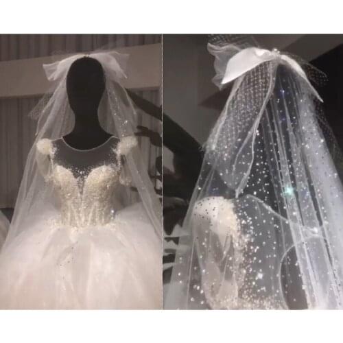 New Fashion Bow long Blings Glitter stones Wedding Veils Bride Sparkel Bridal Veil Wedding Accessories