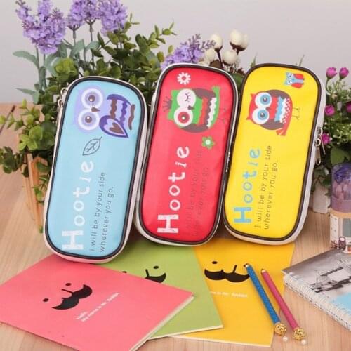 Kawaii Owl & Elephant Large Capacity Pu Leather Pencil Case Stationery Storage Organizer Bag