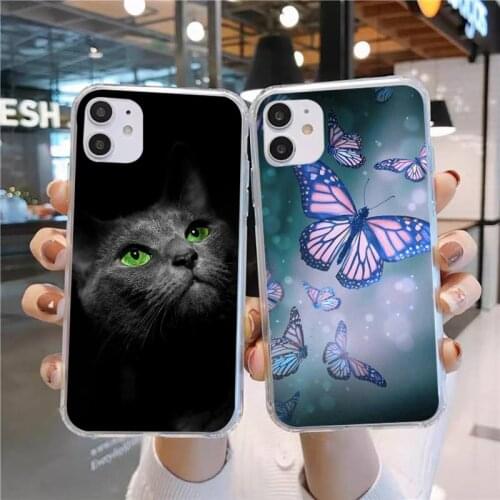 Cat Flower Butterfly Phone Case Transparent for iPhone 11 12 mini pro XS MAX 8 7 6 6S Plus X 5S SE 2020 XR