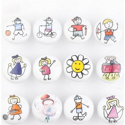 Round Cartoon Childrens Room Decoration Ceramic Handle Single Hole Round Hand-painted Pattern Drawer Furniture Pulls