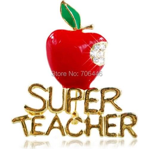 Nice Christmas Gift Pins for Teacher Red Enamel Apple Presents Christmas Brooch Gold Tone