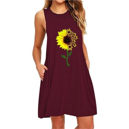 Fashion Womens Pocket Dresses Sunflower Printing Sleeveless Casual Summer Mini Dress Evening Clothes For Female платье летнее g4