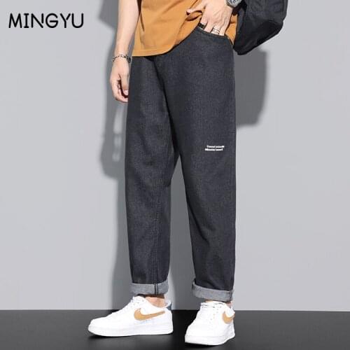 2021 Spring Autumn New Mens Straight-leg Loose Jeans Classic Style Cotton Blue Black Text printing Casual Trousers Male Brand