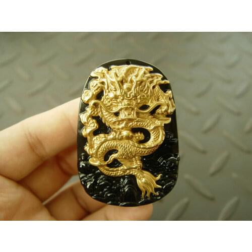 18K Yellow Gold Inlay Natural Obsidian Black Jade Pendant Chinese Dragon