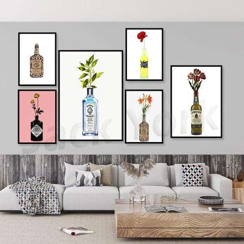Gin Wall Print | Bar Cart Art | Pink Gin Bouquet Art | Gin Bottle With Flowers Art | Bar Trolley Decor | Hendricks Cocktail Art