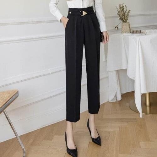Ruffled High Waist Work Pants Women Office Ladies Korean Chic Ankle Length Pants 2021 Spring Summer Suit Pants Buckle Trousers