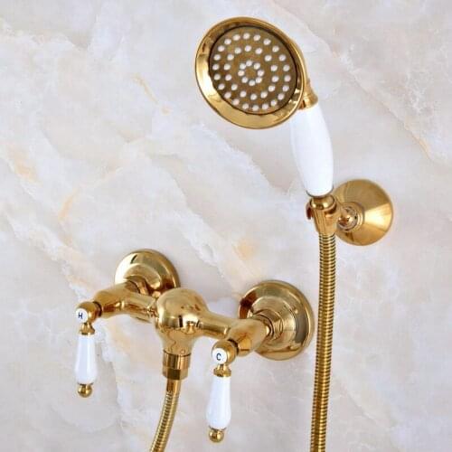 Luxury Polished Gold Color Brass Bathroom Hand Held Shower Head Faucet Set Mixer Tap Dual Ceramic Handles mna986