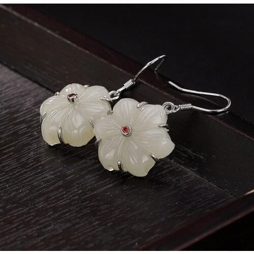 S925 pure silver natural inlaid with Hetian Jade Baiyu flower lady personality temperament earrings earrings