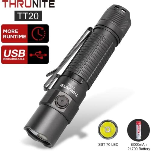 ThruNite TT20 Grey Tactical Dual-Switch Flashlight 5000mAh 21700 Battery USB C Rechargeable 2526 High Lumens Flashlight Original