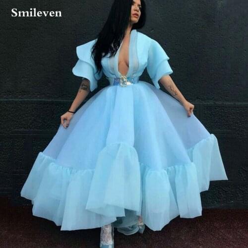 Smileven Blue Organza Prom Dresses Ball Gown Flare Sleeve Puff Tulle Long Prom Party Dresses Open V Neck Evening Party Gowns