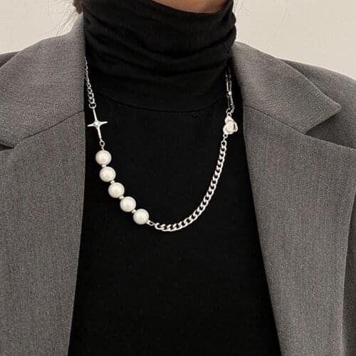 Glow pearl cross necklaces for men women egirls eboy korean fashion stainless steel jewelry cool splicing chain necklace punk