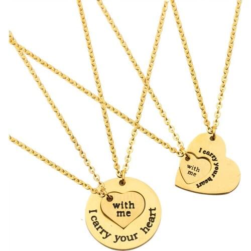 Stainless Steel Double Heart Necklace Set Jewelry Romantic Gift For Women Men I Carry Your Heart & With You Statement Necklace
