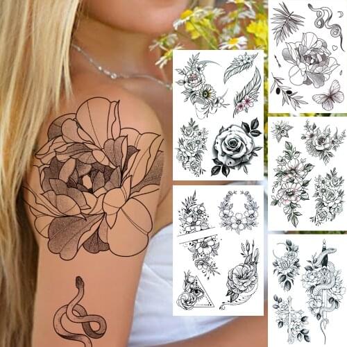 Big Peony Rose Temporary Tattoos For Women Adults Anemone Orchid Black Flower Tattoo Sticker Fake Snake Sword Feather Sexy Tatoo