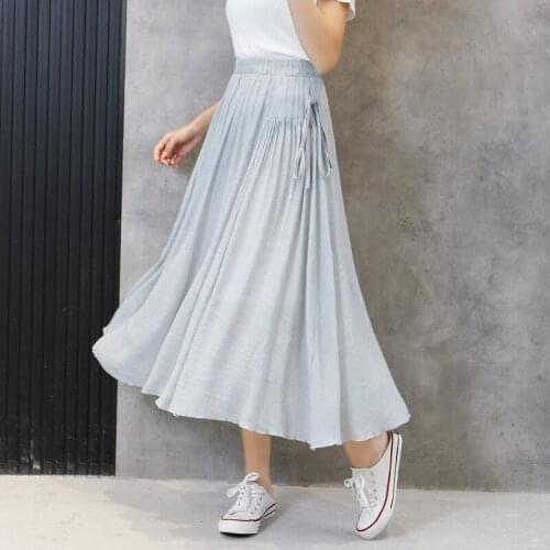 Korean High Waist Bandage Long Skirts Womens Big Swing Blue Cotton Linen Skirt Female Elegant Mid Length Summer Skirt