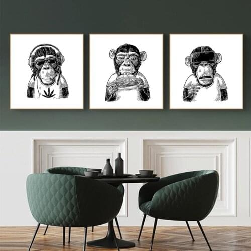Funny Monkey With Earphone Cartoon Animal art Poster Decoration Painting Black and White Wall Nordic Home Decoration Painting