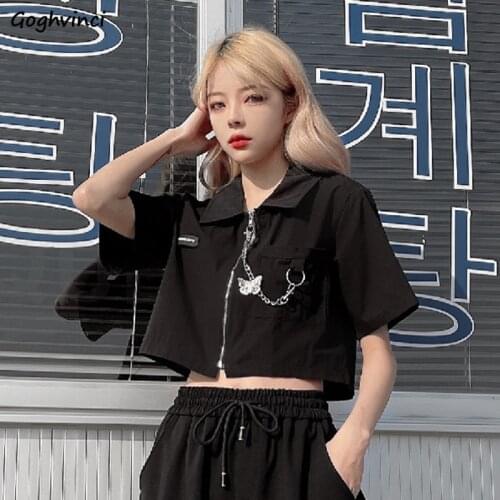 Shirts Women High Street BF Style Summer Fashion Female Simple Zipper Crops Blusas Popular Loose Ulzzang All-match Hipster Daily