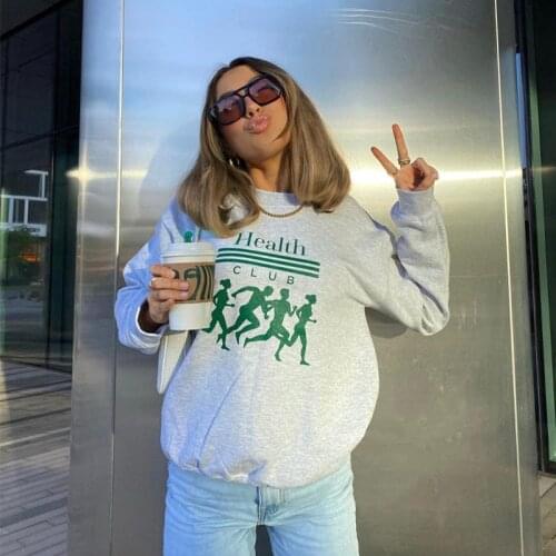 Women Vintage Health Club Graphic Print Autumn Sweatshirt Long Sleeve Crewneck Pullover 80s 90s Loose Cotton Thick Casual Jumper