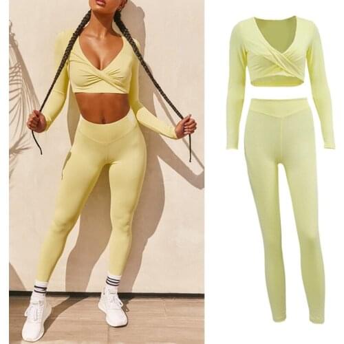Women 2 Piece Sports Outfits Set Long Sleeve Crisscross V-Neck Crop Top High Waisted Ruched Butt Lift Leggings Solid Color Track
