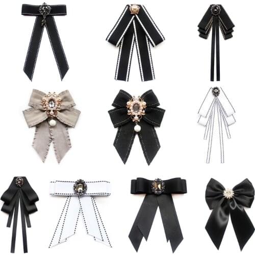 Women Vintage Elegant Pre-Tied Neck Tie Brooch Imitation Pearl Jewelry Collar Ribbon Bow Tie Corsage