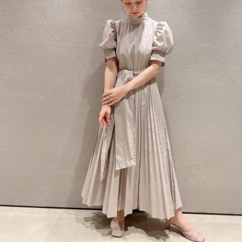 Sweet Puff Sleeve Stand Collar Long Dress Women Elegant Lace Up Bow Slim Pleated Vestido Mujer 2021 Japan Style Solid Femme Robe