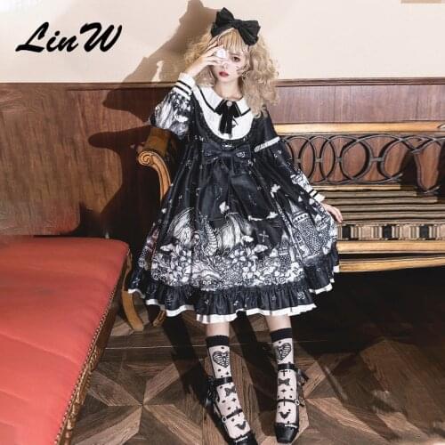 Gothic Lolita Dark Color loli Autumn Winter daily Lolita High Waist Kawaii Girl Cos Long Sleeve Dress Women