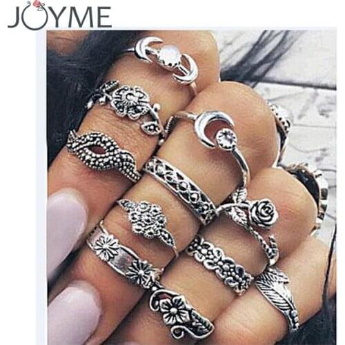 11pcs Boho Vintage Punk Midi Finger Rings For Women Antique Silver Color Flower Carved Bohemian Knuckle Ring Set Jewelry