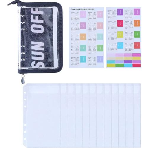 15 Pcs A6 PVC 6 Ring Zipper Binder Budget Envelopes Wallet System with 12 A6 Loose Leaf Pockets,Self-adhesive Calendar Stickers