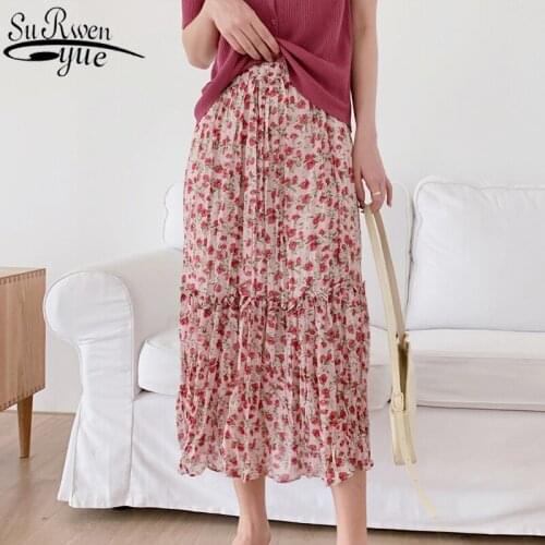 2021 Korean Style High-Waisted A- Line half body Chiffon Pleated Long Skirts Floral Chiffon Skirts Women Elastic Jupe Femme 9192