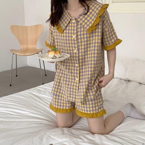 2021 Summer Women Pajamas Set Korea Plaid Sleepwear Sweet Girl Cotton Cute Peter Pan Collar Nightwear Casual Loose Homewear