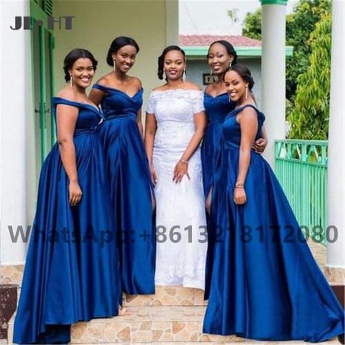2021 Navy Blue Off the Shoulder Bridesmaid Dresses Long Wedding Party Gown Satin A-Line Women African Bridesmaid Dresses