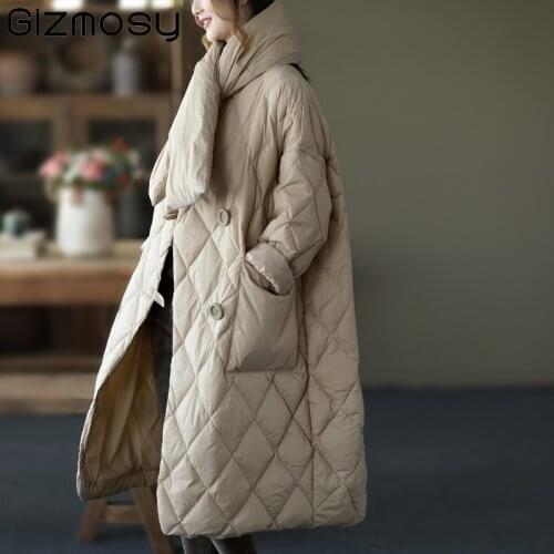 Gizmosy 2021 Winter Womens Down Jacket With a Scarf Quilted Padded Coats Female Long Puffer Jacket Warm Parka Ladies Outerwear