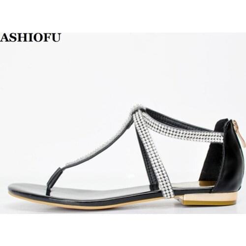 ASHIOFU Handmade Womens Flat Sandals T-strap Beach Back-to-school Summer Shoes Solid-floor Casual Fashion Sandals Shoes XD179