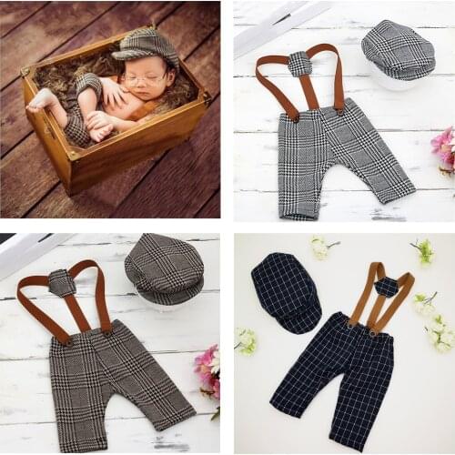 New Outfits Pants and Hat Set Baby Suit for Newborn Baby Photography Accessories Plaid Costume Infant Gentleman Formal Sets