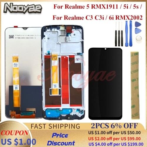 Black LCD Sensor For Realme 5 RMX1911 5i 5s C3 C3i 6i RMX2002 Touch Screen Digitizer Display Glass lens Full Assembly Frame tool