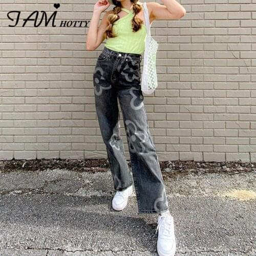 Graffiti Floral Printed Straight Leg Jeans Women y2k High Waist Baggy Mom Denim Pants Streetwear Harajuku Grey Jeans Iamhotty