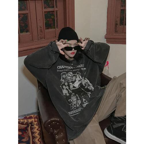 HOUZHOU Y2K Vintage Gray Women Hoodies Harajuku Streetwear Female Sweatshirt E Girl Oversized Grunge Aesthetic Print Long Sleeve