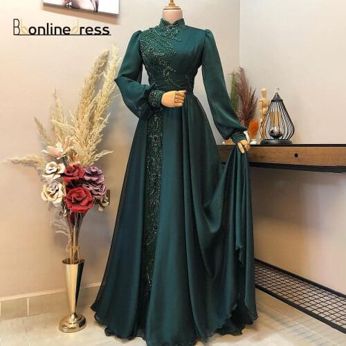 Emerald Moroccan Caftan Prom Dress Beaded Formal Gown Arabic Dubai Women Evening Dress robe de soiree Muslim Evening Dresses