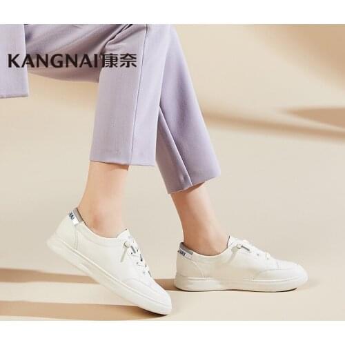 KANGNAI Sneakers Women Split Leather White Flats Elastic Band Comfortable Ladies Casual Shoes
