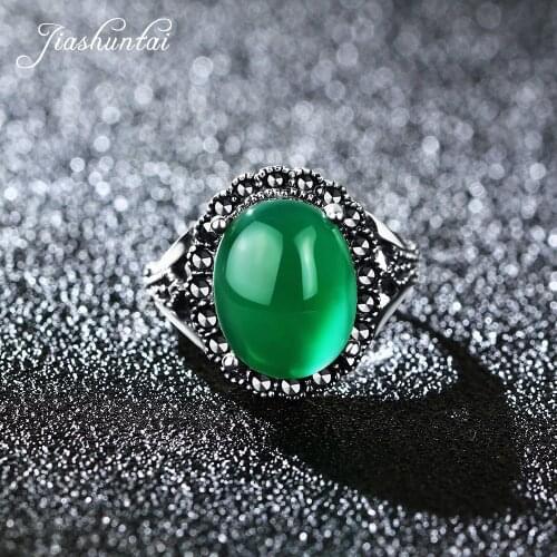 JIASHUNTAI Retro 100% 925 Sterling Silver Rings For Women Vintage Natural Green Chalcedony Gemstone Rings Jewelry Female