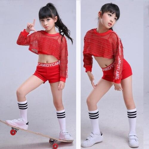 Red Kid Girl Jazz Hip Hop Dance Costume Netted Children Street Belly Dancing Costume Clothing Ballroom Stage Performance Shirt