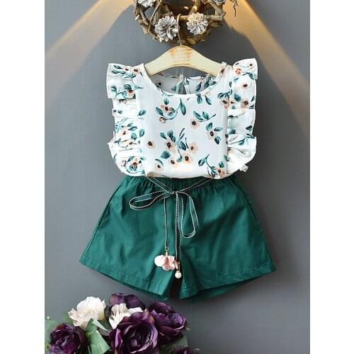 Summer Girls' Suit Lace Sleeveless Floral Top Girls' Loose Shorts 2pcs Kids Clothes Sweet And Lovely Suit Cool And Breathable
