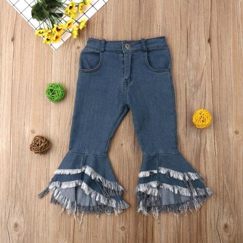 Fashion Kid Girls Jeans Long Pants Denim Ruffle Patchwork Flare Trousers Slacks Summer Outfit