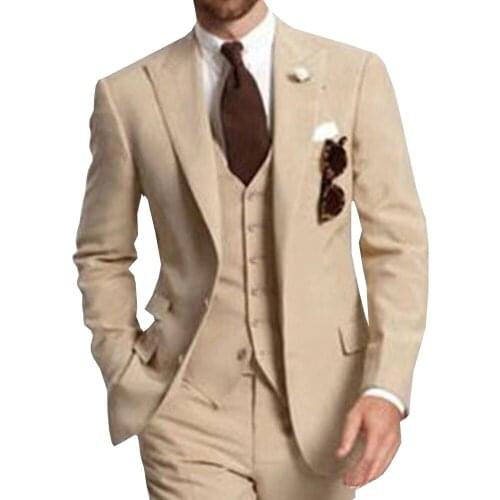 2020 Beige Three Piece Business Party Best Men Suits Peaked Lapel Two Button Custom Made Wedding Groom Tuxedos Jacket Pants Vest