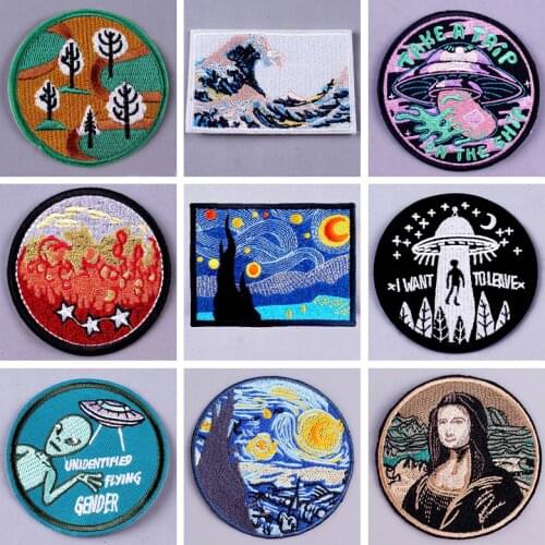 Pulaqi Space Hippie Patch For Clothing Iron On Embroidery Patches For Clothes Mountain Appliques On Clothes DIY Badge Stickers F