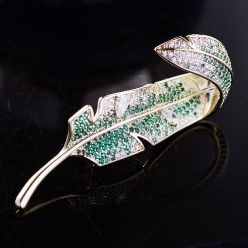 OKILY Elegant Leaves Feather Wholesale Broochpins for Women Jewelry Clothes Corsage Pins Brooch Green Zirconia Brooches