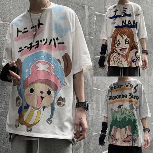 Couples' T-shirts Summer new cartoon One Piece with the same print loose Harajuku style men and women