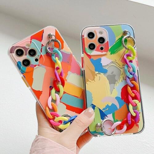 Korean ins Graffiti Silicone With Bracelet Phone Case For iPhone 12 Pro XR X XS Max 7 8 Plus 11 Pro Max SE 2020 Wrist Chain Case