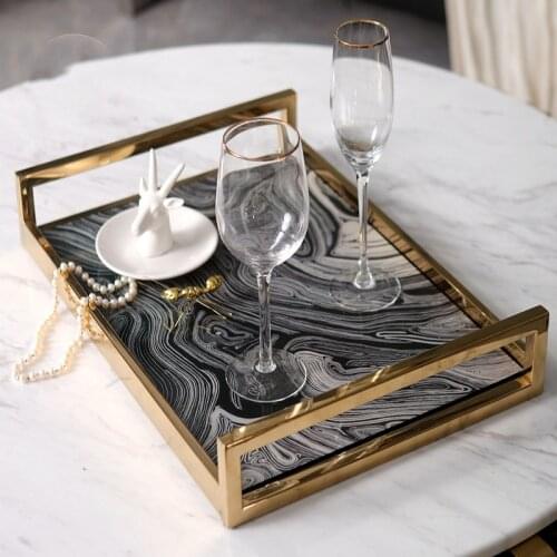 Modern Black White Line Texture Wood Paint Process Tray Rectangular Gold Storage Tray Home Room Decoration Ornament