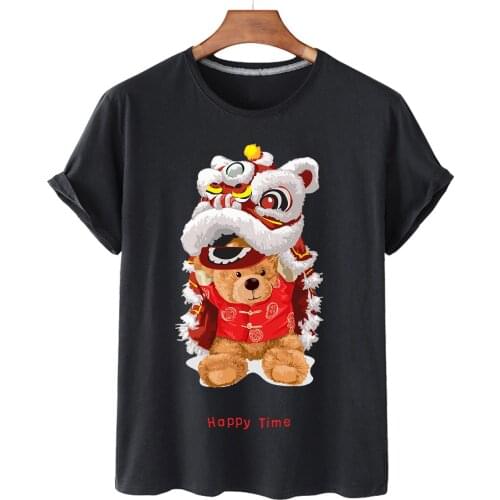 Pure Cotton Chinese Dragon Dance Bear Print Short-sleeved O-neck Loose Casual Top T-shirt Female Oversized T-shirt Couple S-3XL