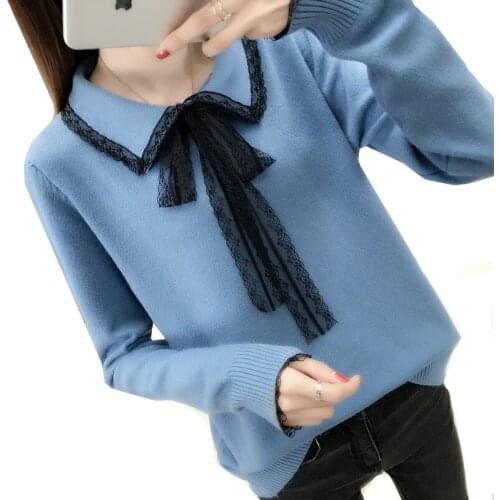 Warm Short Women Pullover Sweaters Autumn Winter Fashion Loose Long-sleeved Soft Knit Lace collar Casual Womens Sweater Tops